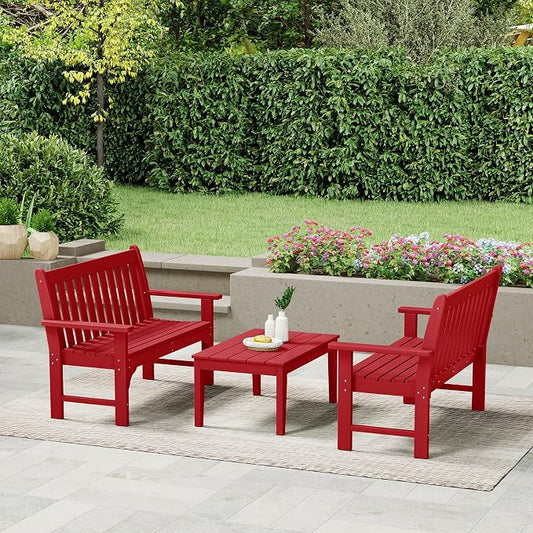 WestinTrends Malibu 3-Piece HDPE Outdoor Patio Furniture Couch and Coffee Table Set, Red
