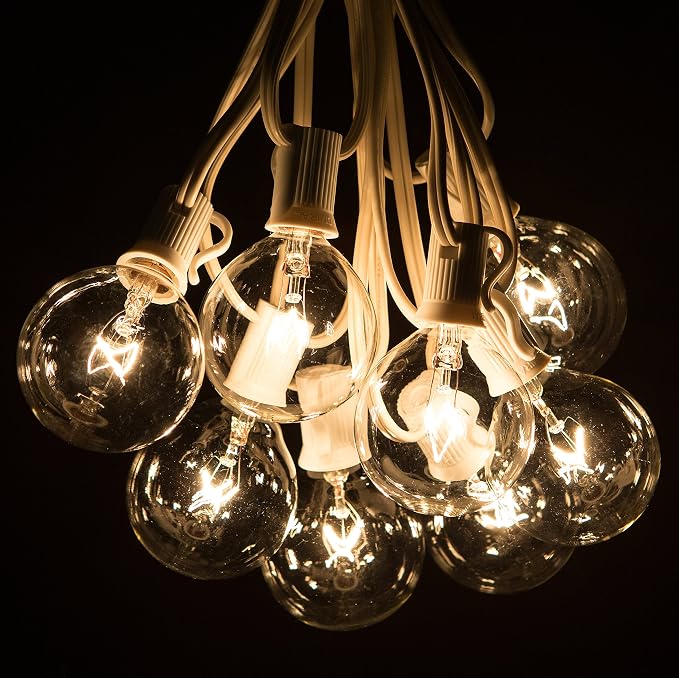 G50 Clear 2 Inch Light Bulbs with C7 Stringer 18 Gauge (White Wire, 25')