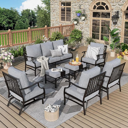 MIXPATIO Patio Furniture Set 7 pcs, Outdoor Patio Furniture, 3-Seat Sofa, 2 Single Chairs, 2 Rocking Chairs, 2 Ottomans and 5.75" Extra Thick Cushion, Patio Conversation Set for Backyard Deck,Grey