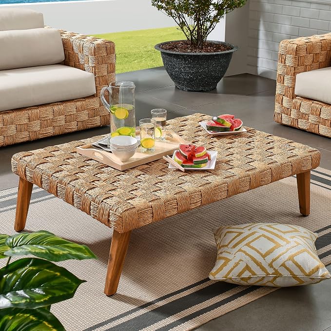 Modway Thames Wicker Rattan Outdoor Coffee Table in Natural - Low-Profile Rectangle Patio Table - Weather Resistant Outdoor Wicker Coffee Table with Acacia Wood Legs for Deck, Pool, Balcony, Garden
