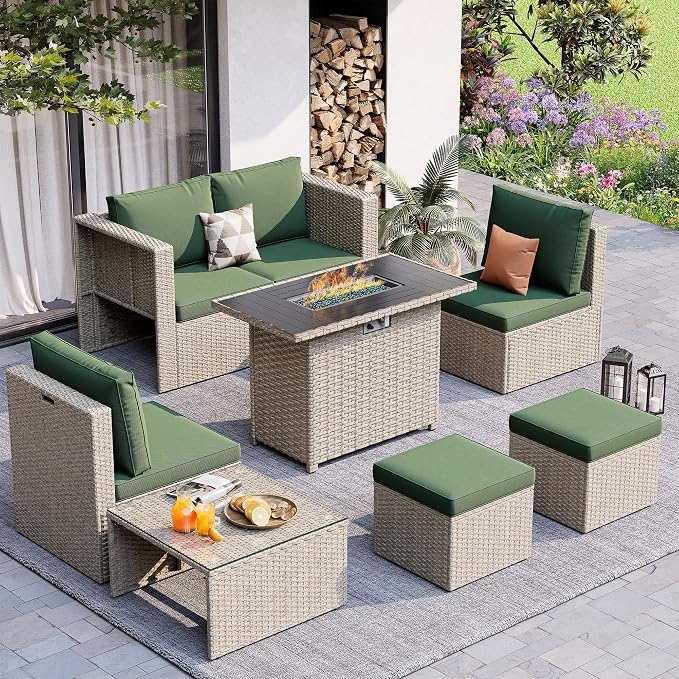 Amopatio 7 Pieces Patio Furniture Set with Fire Pit Table, All-Weather Wicker Outdoor Conversation Sofa Set with Glass Coffee Table, Cushions & Ottomans for Deck Backyard Porch Lawn Green