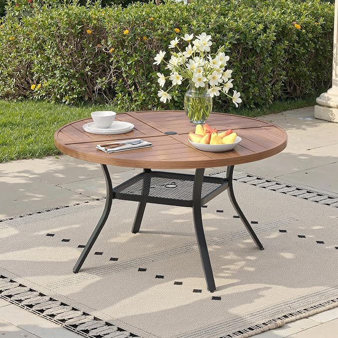 40.6" Outdoor Dining Table with Adjustable Umbrella Hole, Metal Slatted Round Patio Dining Table for Backyard Garden Deck, Walnut