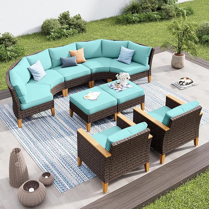 PHI VILLA 7-Piece Wicker Patio Furniture Set, Outdoor Half-Moon Curved Sectional Sofa with Thick Aqua Blue Cushions, 2 Ottomans, 2 Single Seats, Large Conversation Seating for Garden or Backyard