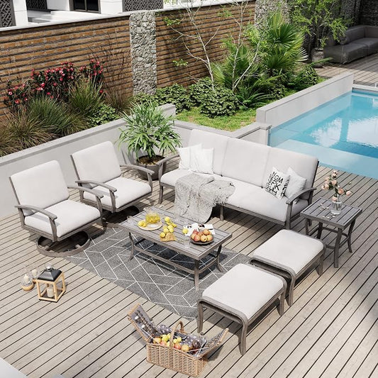 HAPPATIO 7 Piece Aluminum Patio Furniture Set, 3-Seat Outdoor Ottoman and Swivel Armchair, Outdoor Sectional Sofa with Side Table and Coffee Table, Garden Conversation Set for Lawn(Gray)