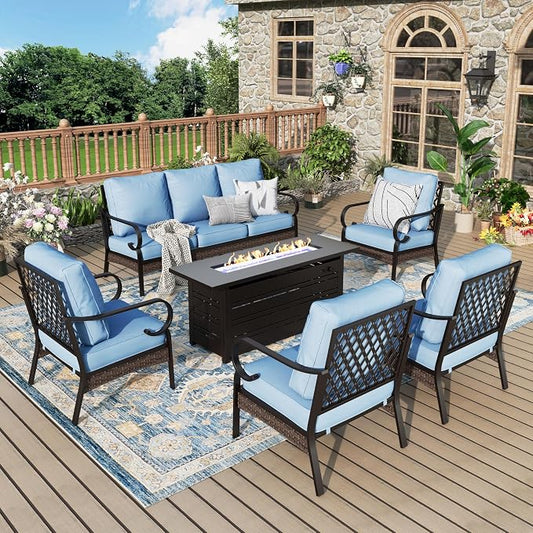 MIXPATIO Patio Furniture Set with Firepit Table, Black Frame Outdoor Conversation Set with 4 x Fixed Chairs, 1 x 3-Seat Sofa for Lawn Garden Backyard, Blue