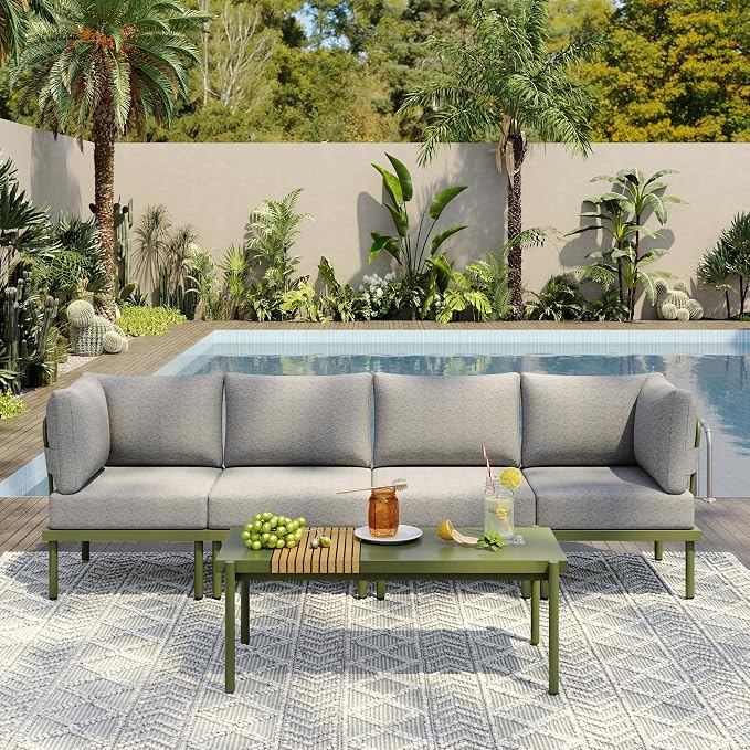 Sundale Outdoor 5 Pieces Patio Furniture Set, Metal Sectional Sofa Patio Conversation Set with Coffee Table, Modern Patio Corner Couch for Balcony, Porch, Sunroom (Grey/Green)