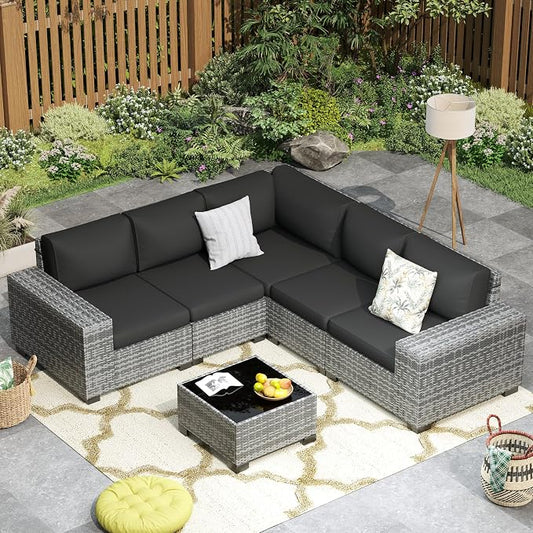 Outdoor Patio Furniture Set, 8'' Wide armrest Outdoor Sectional Rattan Sofa Set, Wicker Patio Furniture Sets w/Coffee Table,Thick Cushions and Cover for Porch, Balcony,Deck 6 PCS(Grey&Black)