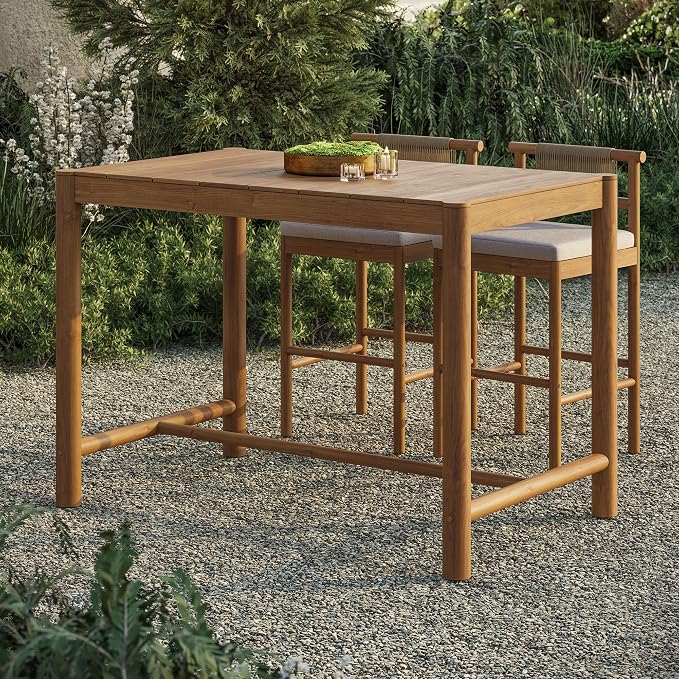 Modway Eleni 56-Inch Outdoor Teak Wood Bar Table in Natural – Rectangular Patio Bar Table with Slatted Top for Patios, Decks, Or Gardens