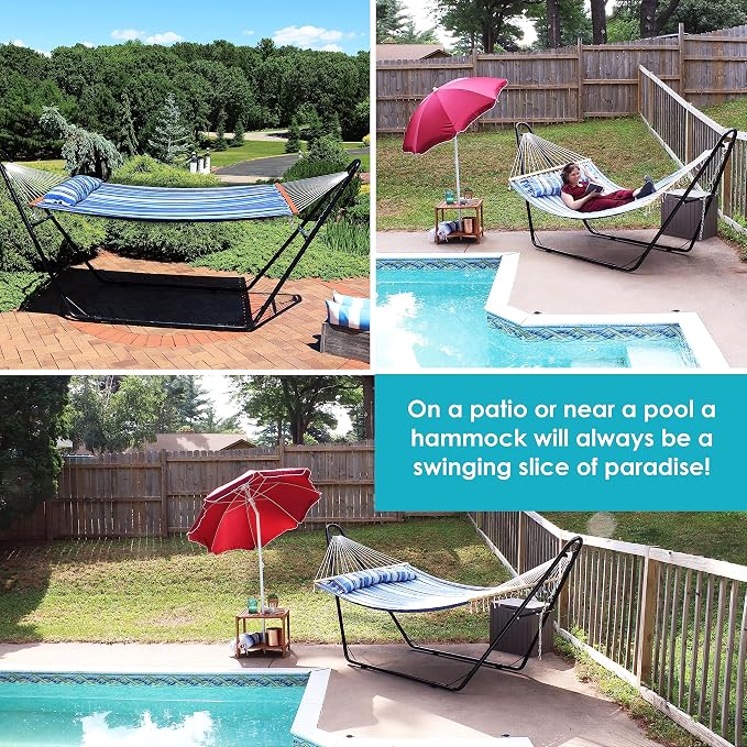 Sunnydaze Quilted Double Hammock with Stand for Outside - 440 lb Capacity Universal Black Steel Stand - UV Resistant, Quick Dry Fabric - Pillow, Chains, and Hardware Included - Misty Beach