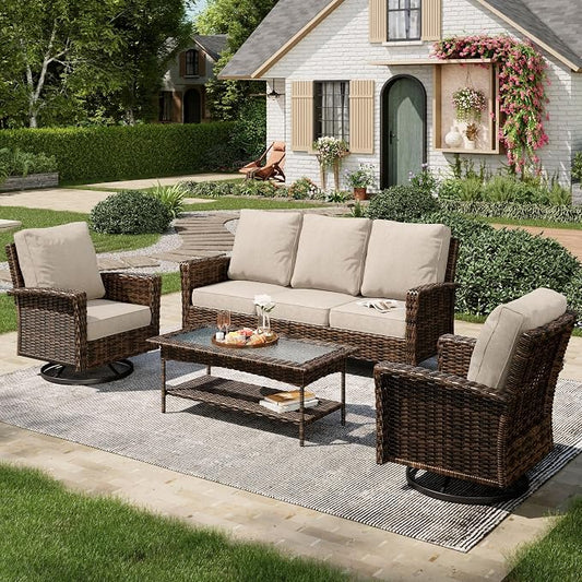 MIXPATIO 4-Piece Wicker Patio Furniture Set with Swivel Chairs, High Back Outdoor Sofa with 5.5-inch Thick Cushion, All-Weather Patio Table and Chairs Set for Deck Yard Pool, Beige