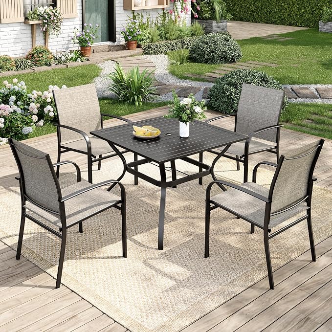 MIXPATIO 5 Pieces Patio Table and Chairs Set, 4 Person Outdoor Dining Furniture Set, 4 Brown Textilene Chairs and 37" Square Metal Table with Umbrella Hole, for Deck Backyard Lawn