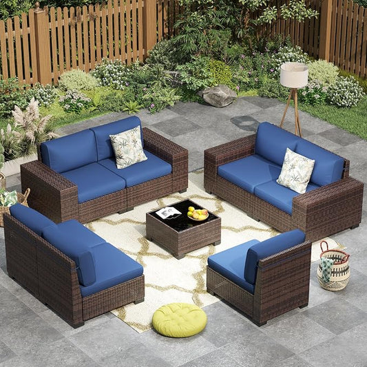 Outdoor Patio Furniture Set, 8‘’ Wide armrest Outdoor Sectional Rattan Sofa Set, Wicker Patio Furniture Sets w/Coffee Table,Thick Cushions for and Cover for Porch, Poolside,8 PCS(Brown&Blue)