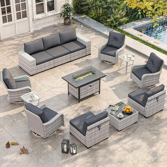 13 Piece Outdoor Wicker Sectional Sofa Set with Swivel Chairs & Fire Pit Table, 9-Seats with 4" Thickened Cushions & Coffee Table, All-Weather PE Rattan for Garden, Backyard, Charcoal Gray