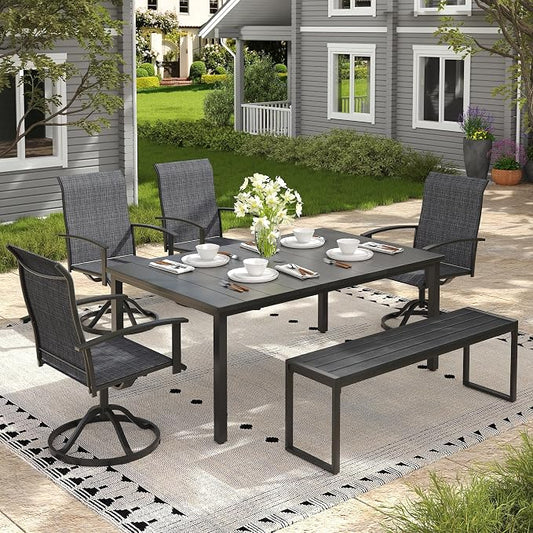 6 Pieces Patio Dining Set with Outdoor Bench, 63" Rectangular Patio Dining Table and Swivel Chairs for 6-7 People, Outdoor Furniture Set for Garden Deck, Black