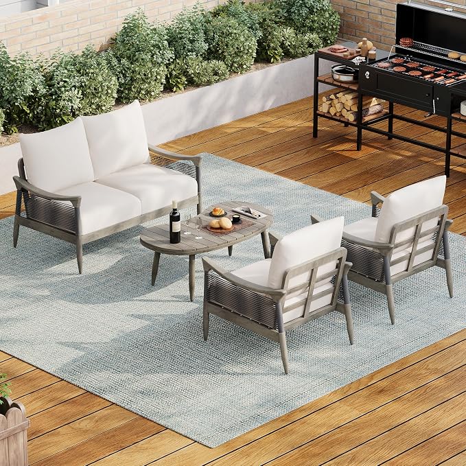 Merax 4-Piece Acacia Wood Patio Set with Loveseat, Chairs & Table | Grey Acacia Frame, Dark Grey Rope, Beige Cushions, Deep Seating And Coffee Table For Porch, Garden, Backyard Or Balcony