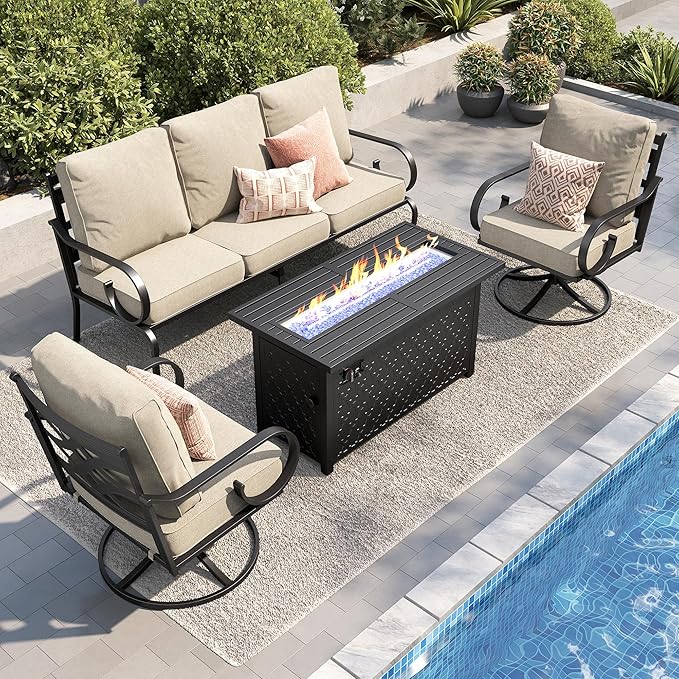 PHI VILLA Patio Furniture Set, 3-Seater Sofa, 2 Swivel Chairs and a 45" Fire Pit Table, Outdoor Metal Conversation Set with 5.75" Extra Thick Cushion for Garden Backyard Deck, Beige