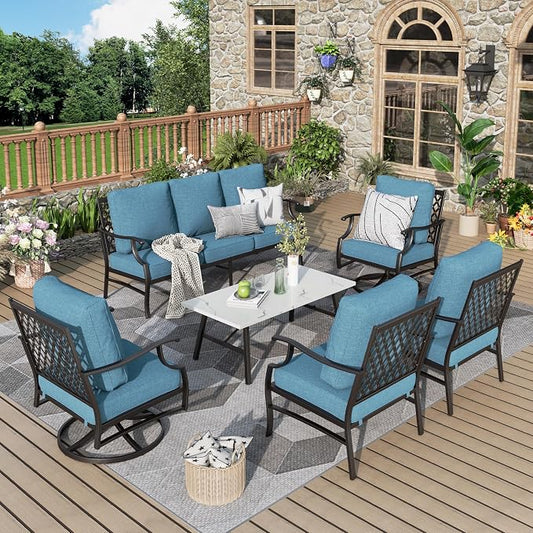 MIXPATIO Patio Furniture Set 6 pcs, Outdoor Patio Furniture, 1 X 3-Seat Sofa, 2 X Single Chairs, 2 X Swivel Chairs, 1 X Coffee Table and 5.75" Extra Thick Cushion, Patio Conversation Set,Navy Blue