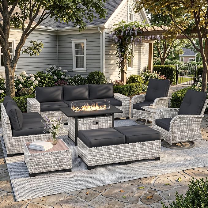 12-Piece Outdoor Patio Furniture Set with Rocking Swivel Chair, PE Wicker Rattan Sectional Sofa 55,000 BTU Fire Pit Table Patio Conversation Set with Ottomans and Chunky Arms, Dark Grey