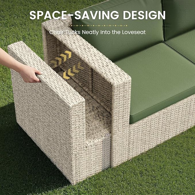 Amopatio Patio Furniture Set, All-Weather Wicker Outdoor Conversation Set with Glass Coffee Table, Cushions & Ottomans for Deck Backyard Porch Lawn Green