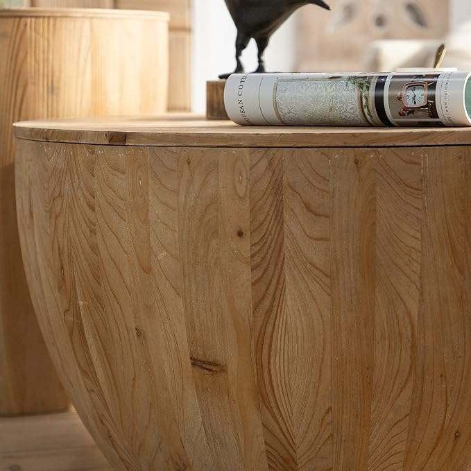 Vintage Drum Coffee Table Set, Wood Round Coffee Table Set of 2, Drum Side Table End Table Bucket Shaped Coffee Tables for Living Room Dining Room, No Need Assembly (Set of 2)