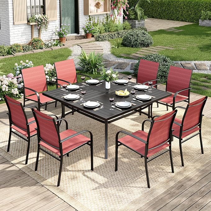 MIXPATIO 9 Pieces Patio Table and Chairs Set, Patio Dining Set for 8, 8 Red Textilene Chairs and 1 Large Square Patio Dining Table with Umbrella Hole, for Deck Backyard Lawn Poolside