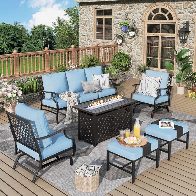 MIXPATIO Patio Furniture Set, 6 Pcs Metal Outdoor Conversation Set, 2 Rocker Chairs, 2 Ottomans and 3 Seater Sofa with 5.75" Extra Thick Cushion and Gas Fire Pit Table, Blue