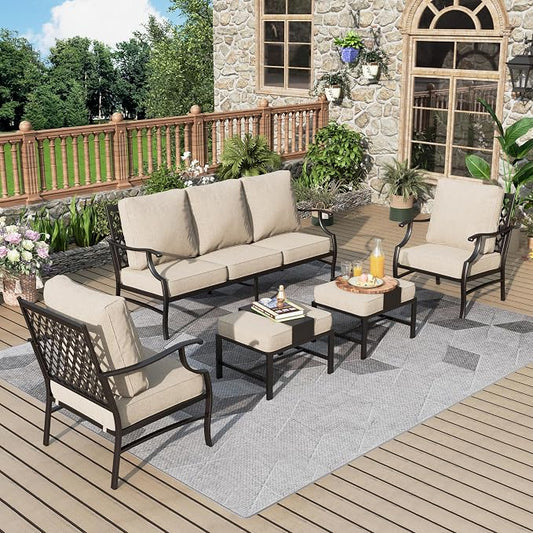 MIXPATIO Patio Furniture Set 5 pcs, Outdoor Patio Furniture, 3-Seat Sofa, 2 Single Chairs, 2 Ottomans and 5.75" Extra Thick Cushion, Patio Conversation Set for Garden Backyard Deck,Beige