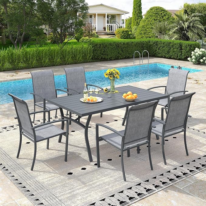 VICLLAX 63" Patio Dining Table for 6, Outdoor Rectangular Metal Table with Umbrella Hole for Porch Backyard Garden Deck, Dark Grey