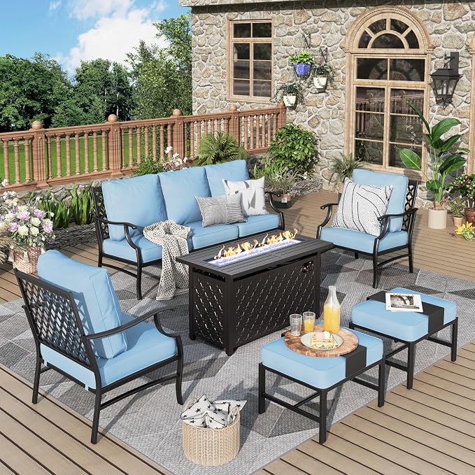 MIXPATIO Patio Furniture Set, 6 Pcs Metal Outdoor Conversation Set, 2 Single Chairs, 2 Ottomans and 3 Seater Sofa with 5.75" Extra Thick Cushion and Gas Fire Pit Table, Blue