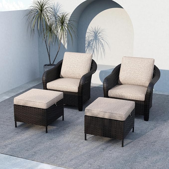 Outdoor Chairs Set with Ottomans, 4 PCS Patio Conversation Furniture Set with Removable Cushions, All-Weather Wicker Furniture for Porch, Backyard, Deck, Sunroom (Beige)