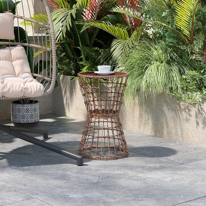 EMMA + OLIVER Ari Indoor/Outdoor Patio Table - Natural Finish Faux Rattan Rope - Acacia Wood Top - Powder Coated Steel Frame - 200 lb. Static Weight Capacity