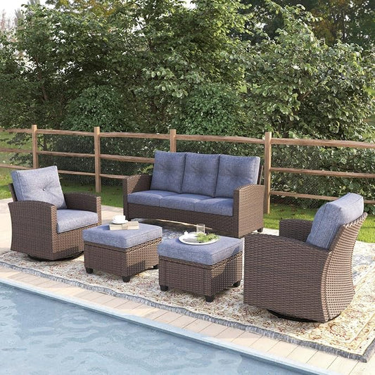 5 Pieces Patio Furniture Swivel Chairs Set, Outdoor Wicker Glider Rocking Chairs with Sofa Set