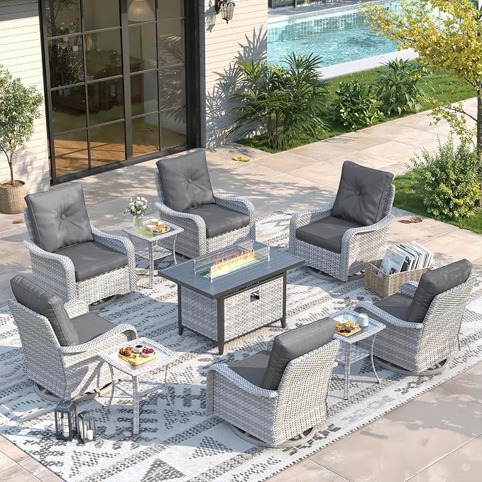10 Piece Wicker Patio Furniture Set with 55,000 BTU Fire Pit Table, Swivel Rocking Chairs, 4''Cushions, PE Rattan, Wind Guard Glass, for Backyard, Deck or Balcony, Black