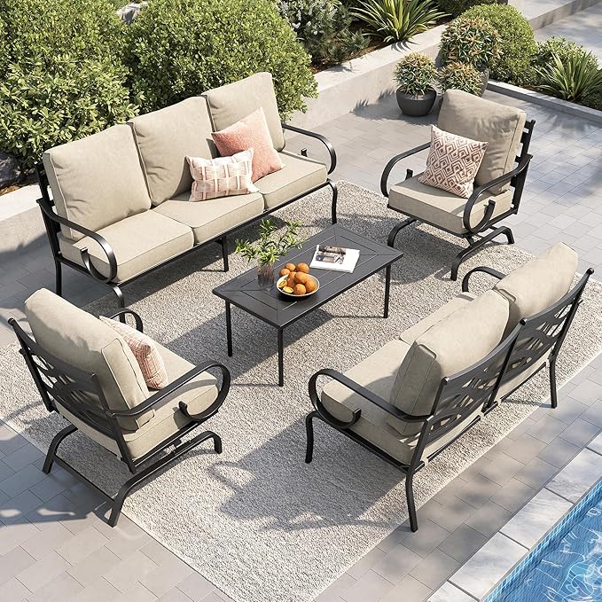 PHI VILLA Patio Furniture Set, 1 Loveseat, 3-Seater Sofa, 2 Rocking Chairs and a Coffee Table, Outdoor Metal Conversation Set with 5.75" Extra Thick Cushion for Garden Backyard Deck, Beige