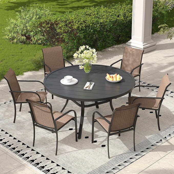 7 Pieces Outdoor Dining Set, Stackable Textilene Paito Chairs & 47.2" Round Dining Table with Umbrella Hole and Shelf, Patio Dining Set for Backyard, Deck, Garden, Brown & Black