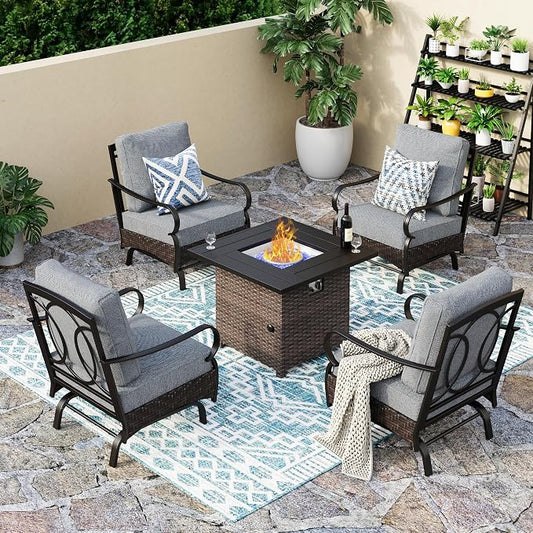 Patio Furniture Set with 32" Fire Pit Table, Patio Conversation Sets 4 Rocking Chairs with Thick Cushion and 50000 BTU Fire Pit Table (5 Pieces,Grey