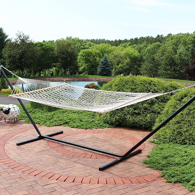 Sunnydaze Double Polyester and Cotton Rope Hammock with 15-Foot Steel Stand - 400-Pound Capacity - Black Stand - Cream