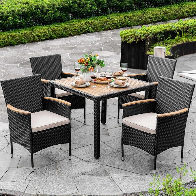 NUU GARDEN 5 Piece Patio Dining Set, Acacia Wood Table and Wicker Dining Chairs with Cushions, All Weather Outdoor Furniture for Balcony Garden Poolside, Black