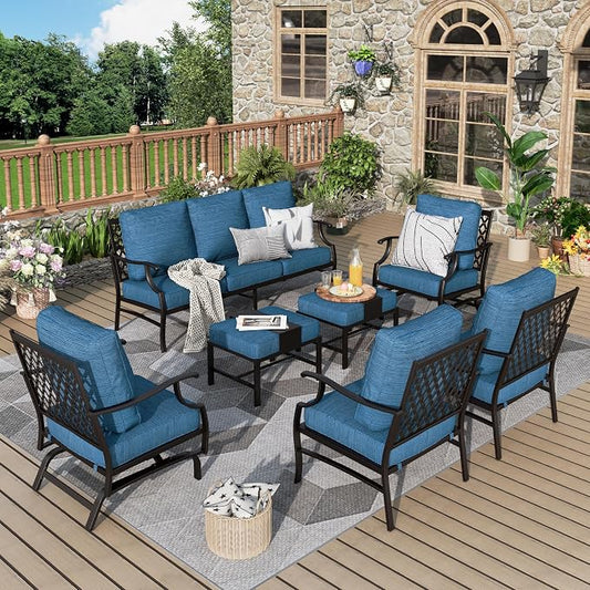 MIXPATIO Patio Furniture Set 7 pcs, Outdoor Patio Furniture, 3-Seat Sofa, 2 Single Chairs, 2 Rocking Chairs, 2 Ottomans and 5.75" Extra Thick Cushion, Conversation Set for Deck,Gemstone Blue