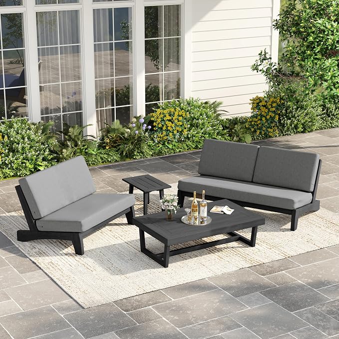 3 Piece Teak Outdoor Patio Frutnire Set, 5 Seater Patio Conversation Sets with Thick Cushions, Outdoor Sectional Furniture with Coffee Table - Gray