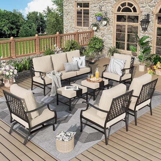 MIXPATIO Patio Furniture Set 7 pcs, Outdoor Patio Furniture, 3-Seat Sofa, 2 Single Chairs, 2 Rocking Chairs, 2 Ottomans and 5.75" Extra Thick Cushion, Patio Conversation Set for Backyard Deck,Beige