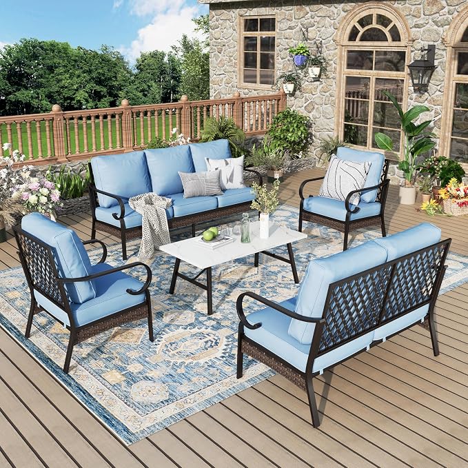 MIXPATIO Patio Furniture Set with Coffee Table, Outdoor Conversation Set with 2 x Fixed Chairs, 1 x 2-Seat Sofa, 1 x 3-Seat Sofa for Lawn Garden Backyard, Blue