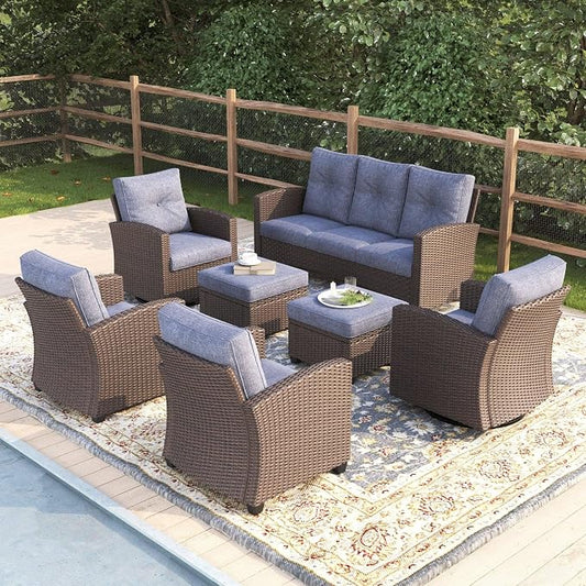 7 Pieces Patio Furniture Swivel Chairs Set, Outdoor Wicker Glider Rocking Chairs with Sofa Set