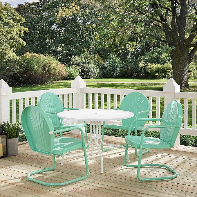 Crosley Furniture Griffith 5-Piece Outdoor Dining Set for 4, Retro Metal Round Patio Table and Chairs, White and Aqua