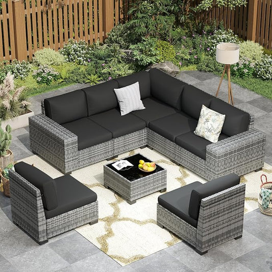 Outdoor Patio Furniture Set, 8‘’ Wide armrest Outdoor Sectional Rattan Sofa Set, Wicker Patio Furniture Sets w/Coffee Table,Thick Cushions and Cover for Porch, Balcony,Deck,8 PCS (Grey&Black)