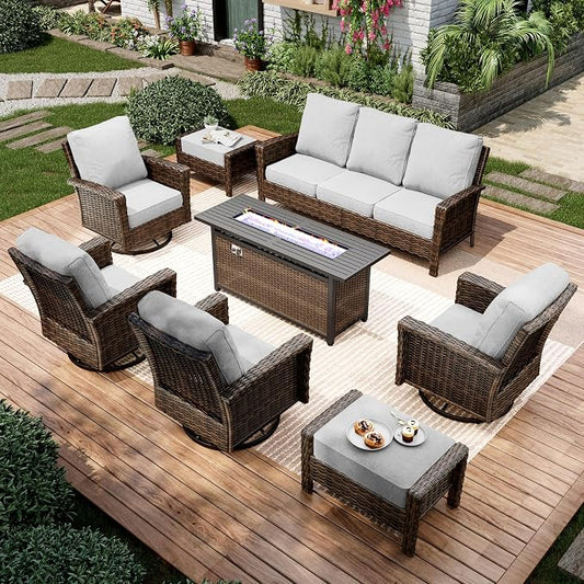 MIXPATIO 8-Piece Wicker Patio Furniture Set with 57'' Fire Pit Table, High Back Outdoor Furniture with Swivel Chairs and Ottoman, All-Weather Wicker Patio Conversation Set for Deck Yard Pool, Grey