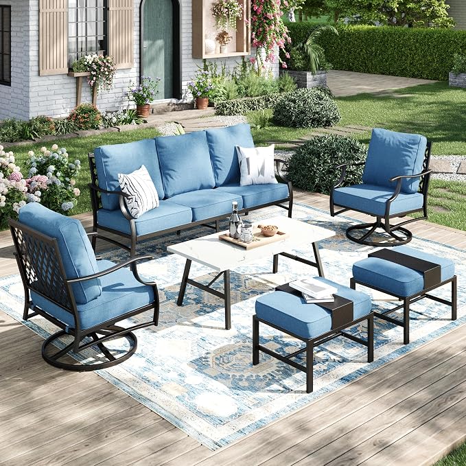 MIXPATIO Patio Furniture Set 6 pcs, Outdoor Patio Furniture, 3-Seat Sofa, 2 Swivel Chairs, 2 Ottomans, Coffee Table and 5.75" Extra Thick Cushion, Conversation Set for Backyard Deck, Navy Blue