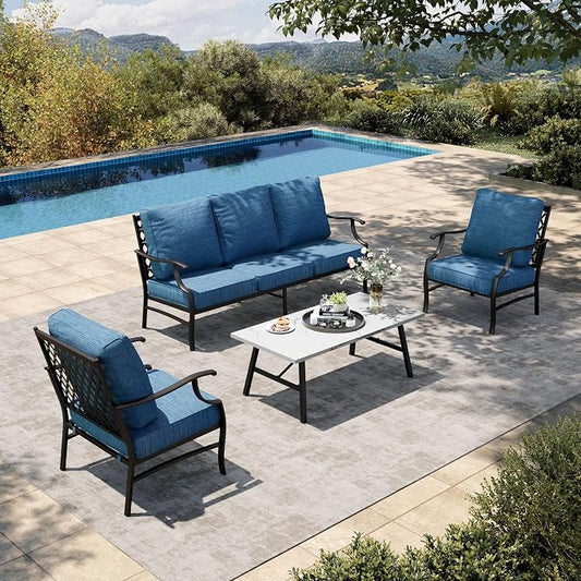 HERA'S HOUSE 4 Piece Patio Furniture Set, 2 x Metal Frame Cushioned Chair, 3-Seat Sofa with Marbling Coffee Table, All Weahter Outdoor Conversation Set for Lawn Garden Backyard, Pacific Blue