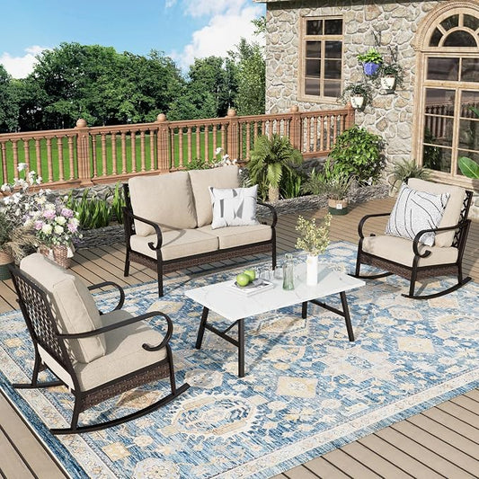 MIXPATIO Patio Furniture Set with Coffee Table, Outdoor Conversation Set with 2 x Rocking Chair, 1 x 2-Seat Sofa for Lawn Garden Backyard, Beige
