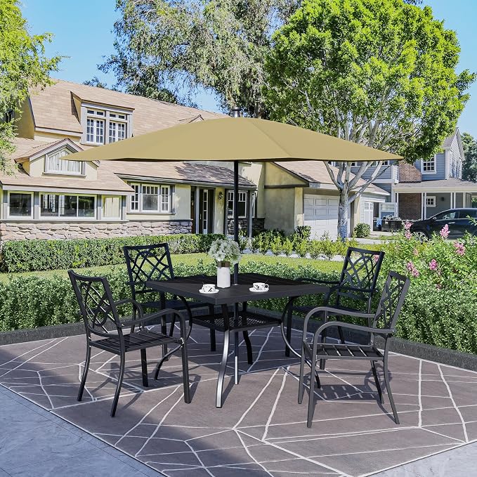 SOLAURA 6-Piece Outdoor Patio Dining Set, 4 Person Outside Table and Chairs Set, Metal Stacked Chairs of 4, Slat Table Top with 1.57" Umbrella Hole and 9 FT Patio Umbrella (Black)
